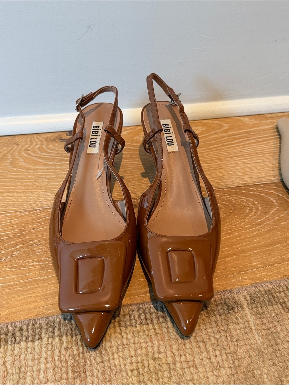 Bibi Lou Brown Patent Pointed Slingback kitten heel anthropology